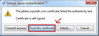 When first logging in, the following dialog box will appear. Choose “Trust this certificate.”